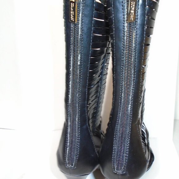 Colin Stuart Calf High Boots Stiletto Heel Pumps Skin Baring Peep Toe Black - Picture 10 of 14